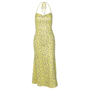 Sexy slim fit backless floral slip dress with high slit in yellow and purple flower print
