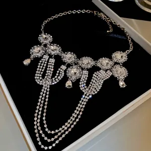 Exquisite silver multi-layer fringe necklace with rhinestones and pear-cut crystal charms