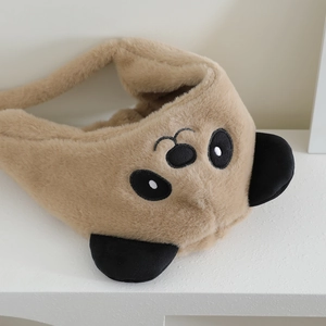 Bonnet panda en peluche pour enfants kaki avec cache-oreilles et visage brodé
