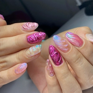 Faux Ongles Iridescents À Presser Forme Amande Rose Lignes 3D Amovibles Couverture Complète ABS Ongles Artificiels