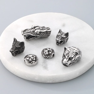 Assorted stainless steel animal head charms including lion, wolf, and dragon for DIY jewelry