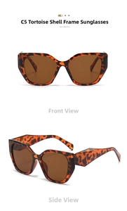 Detailed front and side view of cat-eye sunglasses in tortoise shell frame with brown lenses