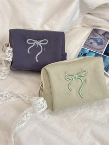 Large bow embroidery canvas makeup bag in dark blue and bean green with metal zippers