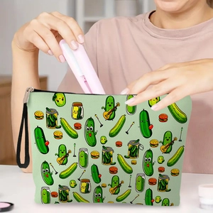 Portable toiletry bag with cute cucumber music prints and black hanging strap