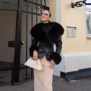 Women Black Faux Leather Jacket With Faux Fur Collar Cuffs Lace Up Back Slim Fit Elegant Sexy Streetwear Coat
