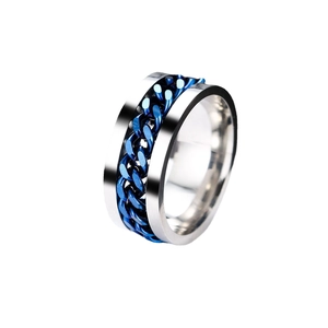 Mens stainless steel rotating spinner ring featuring a blue chain inlay on silver band