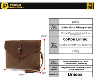 Detailed size chart for retro canvas messenger bag with dimensions and specifications