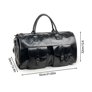 Grande borsa da viaggio in pelle PU nera con tasche doppie e misure in pollici