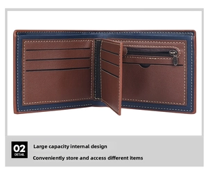 Detail view of bi-fold wallet interior with multi-card slots and zippered pocket