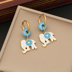 Golden elephant pendant necklace with blue enamel beads and double-layer steel chain