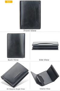 Detailed multi-angle views of black leather slim wallet with automatic card ejector mechanism