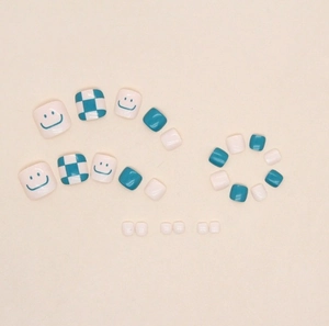 24pcs checkerboard and smiley face press-on toe nails in cream and teal blue finish