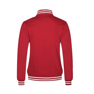 Rear view of a red baseball jacket with white striped ribbed collar and hem detail