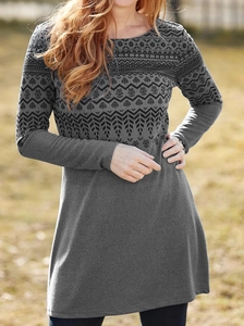 Deep grey long sleeve ethnic print dress featuring a round neck and warm brushed fabric