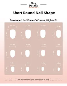 Size chart for green short round press-on nails showing 12 different sizes and dimensions