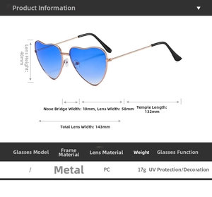 Size chart for heart-shaped sunglasses with metal frame and blue gradient lenses