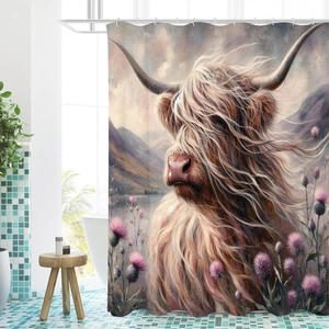 Detail of waterproof polyester shower curtain with highland cow and thistle art print
