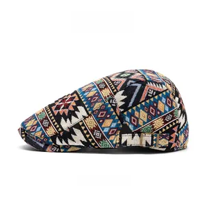 Detailed side view of ethnic jacquard newsboy hat with metal buckle and woven texture
