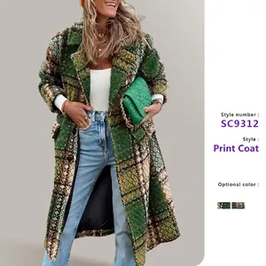 Mode Damen Langarm Revers Bedruckt Langer Mantel Elegant Slim Fit Polyester Wollstil Patchwork Jacke Für Herbst Winter