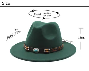 Size chart showing dimensions for dark green wide brim jazz hat with turquoise bead band