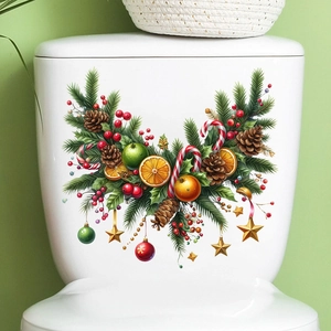 Detailed Christmas pine branch and festive ornaments decal on a white surface