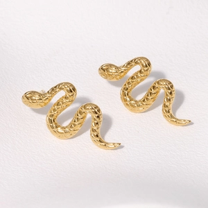 Gothic gold snake stud earrings in polished stainless steel with scale textures