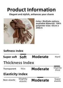Detail view of brown tassel scarf showing 65x200cm size and 100% polyester fabric material