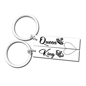 Polished stainless steel King and Queen couple keychains with matching heart crowns