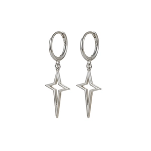 Polished S925 sterling silver hoop earrings with minimalist four-pointed star pendants