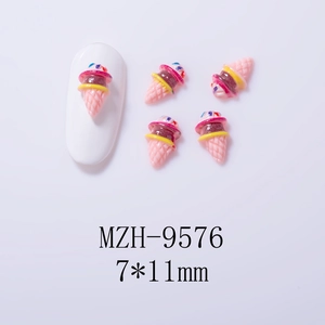 Macro shot of 7x11mm resin ice cream cone nail charms in pink, brown and yellow colors