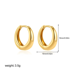 Detail showing 16mm chunky gold hoop earrings with weight specifications and high polish