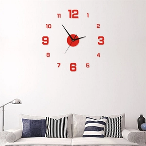 DIY frameless wall clock with 3D red Arabic numerals on white wall above grey sofa