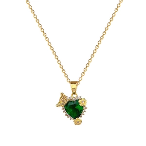 Luxurious gold titanium steel heart necklace with green gem and micro-set floral details