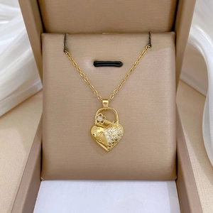 Heart Lock And Key Pendant Necklace Stainless Steel Chain Copper Rhinestone Engraved Love You Floral Elegant
