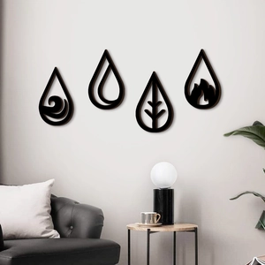 Four elements wood wall art set featuring water air earth and fire in teardrop shapes
