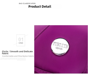 Detailed close-up of a purple waterproof nylon bag with a silver round metal brand logo