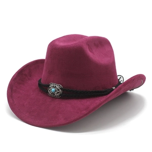 Detail of burgundy suede cowboy hat with turquoise western buckle and braided band