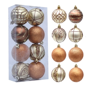 Detailed set of 8 bronze and gold Christmas ball ornaments with textured glitter designs