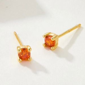 Minimalist S925 sterling silver gold stud earrings with orange zircon birthstones