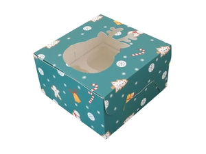 Detailed view of green Christmas cupcake box featuring a deer head shaped window with snow patterns