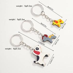 Three cute cartoon dog wooden keychains with dimensions and weight specs on white backdrop