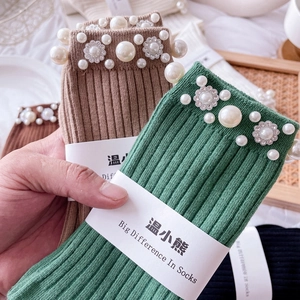 Women Crew Socks Cotton Blend Rib Knit Artificial Pearl Rhinestone Flower Sweet Elegant Fashion Decorative Mid Calf