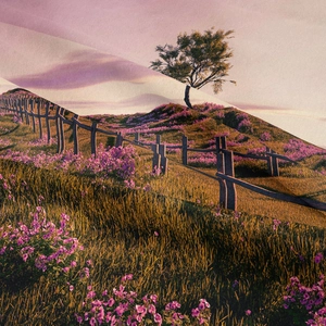 Bohemian landscape tapestry with sunset hillside flowers and a rustic wooden fence