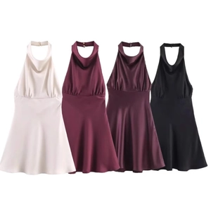 Vestito Mini Halter Raso Senza Maniche Schiena Scoperta Tinta Unita Elegante Festa Cocktail Linea A Per Donne