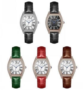 Detailed view of hexagonal rhinestone watches in various leather strap color options