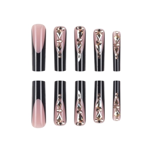 Extra long black French coffin press-on nails with sparkling rhinestones set of 24