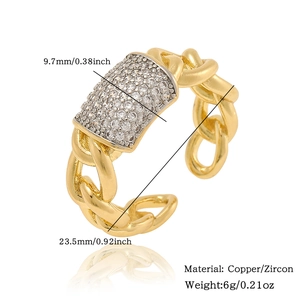 Detail view of gold-tone chain ring with cubic zirconia setting and dimensions labels