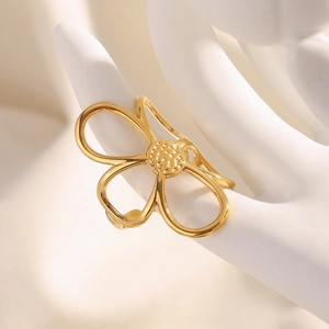 Exaggerated vintage hollow flower open ring in 18K gold plated stainless steel