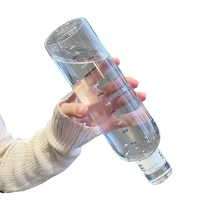 Close-up of a clear water bottle with time markers and refill scale for daily hydration
