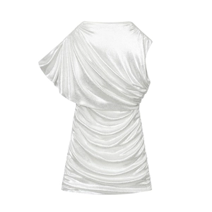 Robe Courte À Une Épaule Métallisée Argentée Froncée Mesh Moulante Sans Manches Fête Clubwear Sexy Élégante Femmes